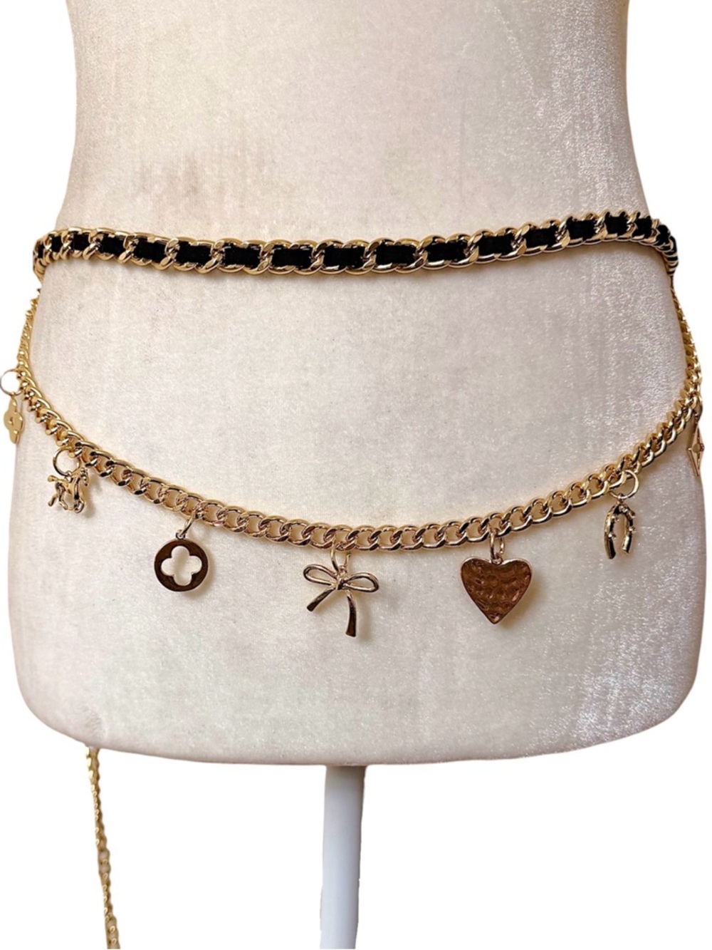 Nanette Lepore Charm Chain Belt gold black Horse, horseshoe, heart, bow, clover
